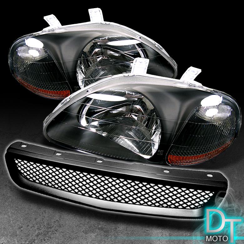 96-98 honda civic black headlights lights lamps+jdm sport front mesh grille