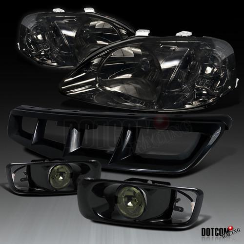 99-00 honda civic smoke crystal headlights+bumper fog lights+black hood grill