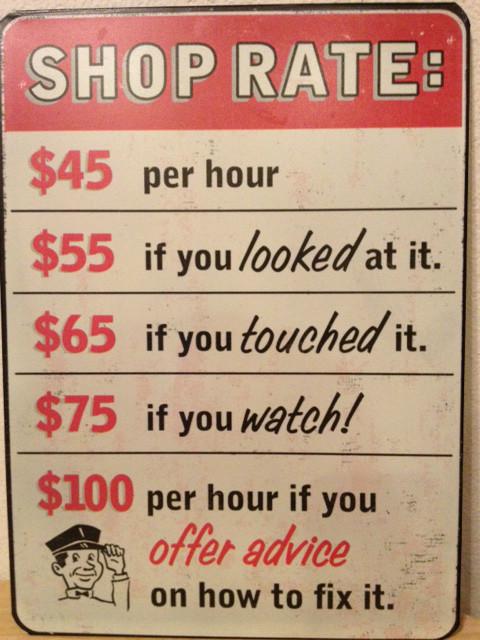 Shop rate pricing metal sign man cave bar garage ford chevy dodge 