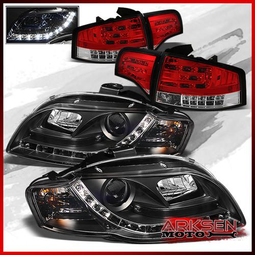 06-08 a4/s4 black drl led projector headlights+red clear led 4pcs tail lights