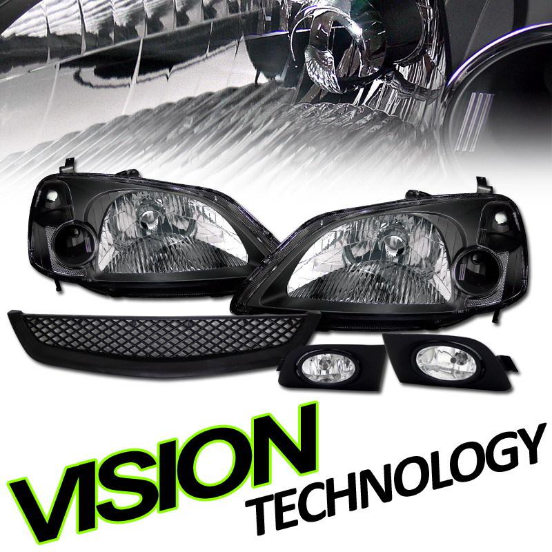 01-03 civic 2/4-door jdm blk housing head lights+clear lens fog lamps+mesh grill