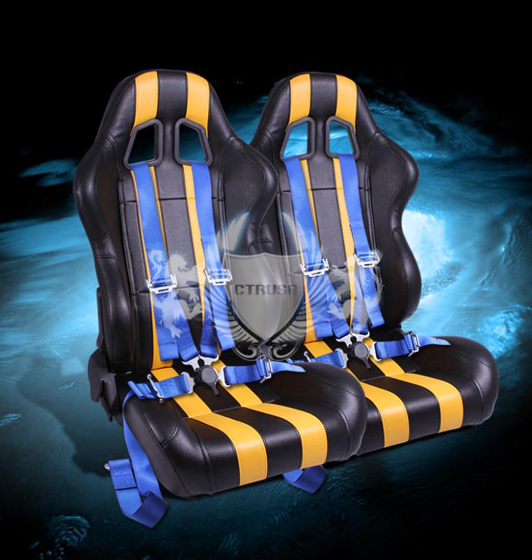 2x blk/yellow  stripe pvc sport racing bucket seats+4-pt blue camlock strap