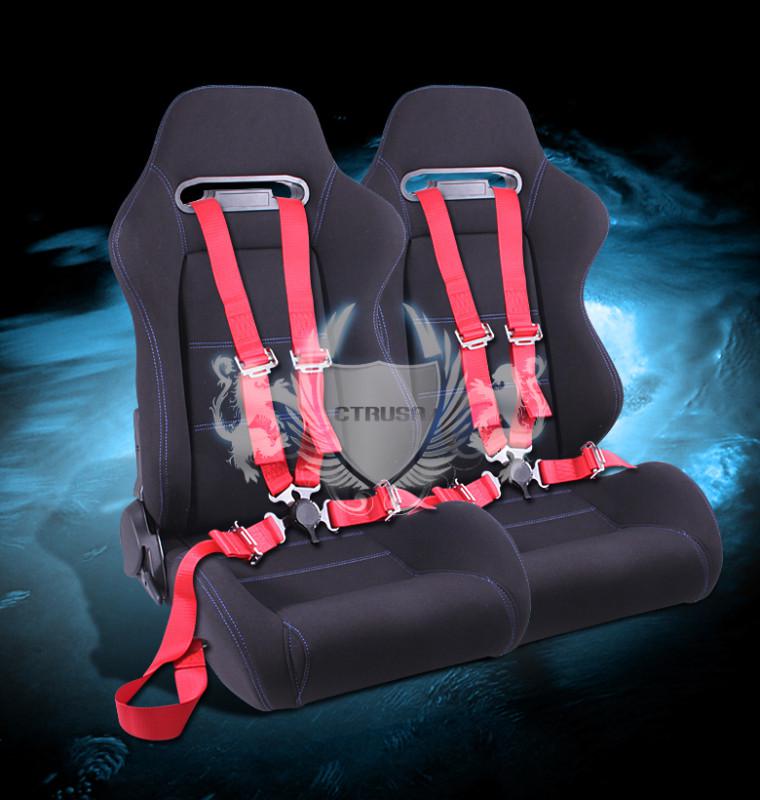 2x universal blk fabric racing seats blue stitch +4-pt camlock harness seat belt