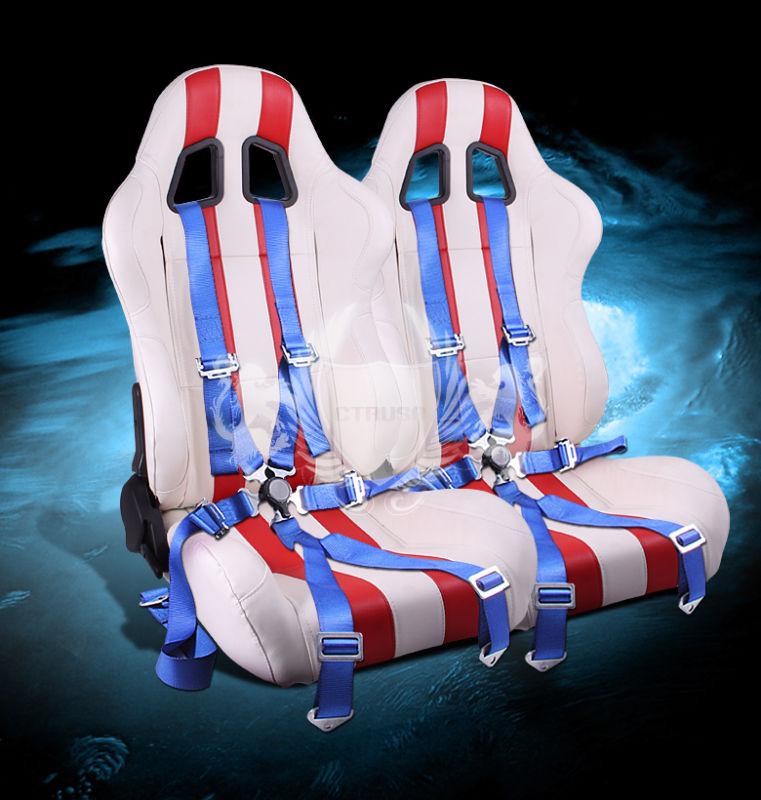 2x white/red stripe pvc reclinable racing bucket seat+6-pt blue camlock strap