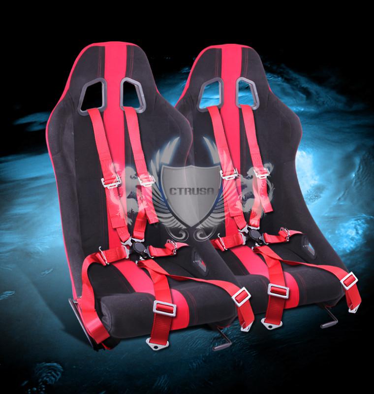 2x black/red stripe fabric racing bucket seats + 6-pt belt camlock strap pair