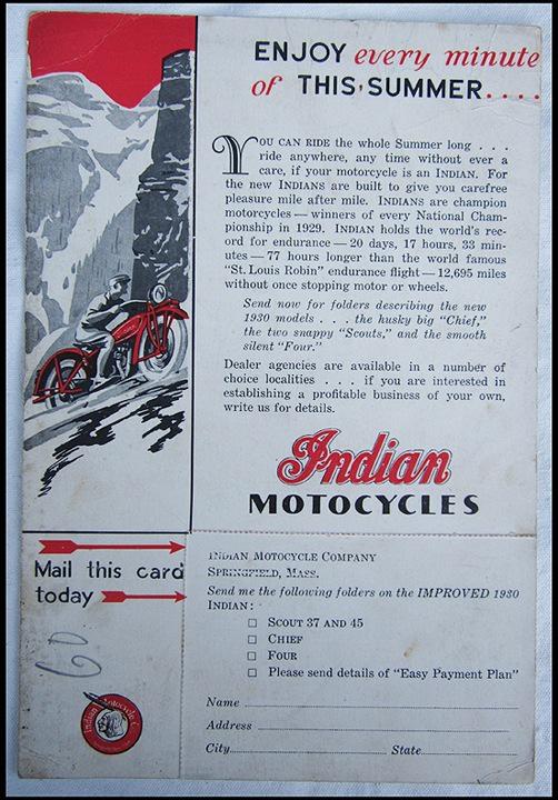 1930 indian motocycle sales brochure request mailing card scout chief four rare