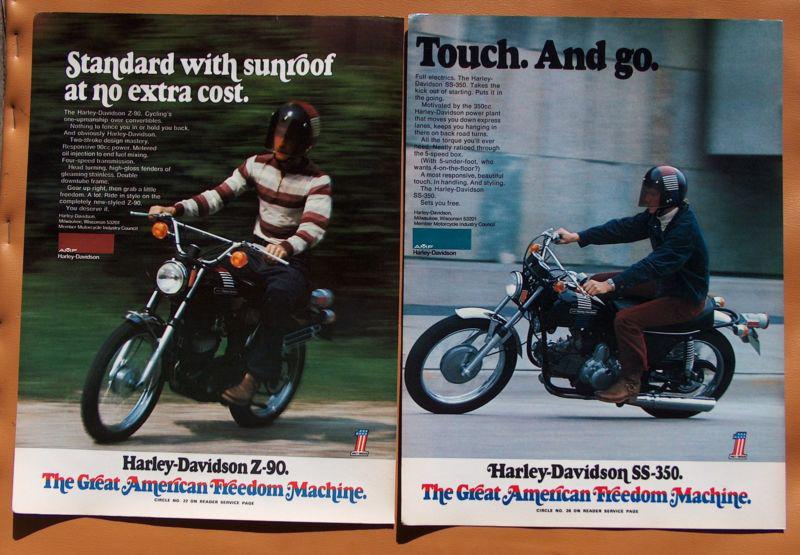 0445   two different 1973 harley davidson ads: z-90 plus ss-350 !