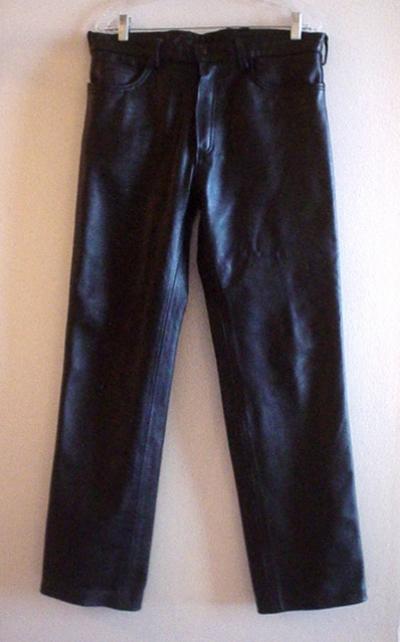 Mens branded black heavy leather motorcycle biker 5-pocket pants sz 34 usa