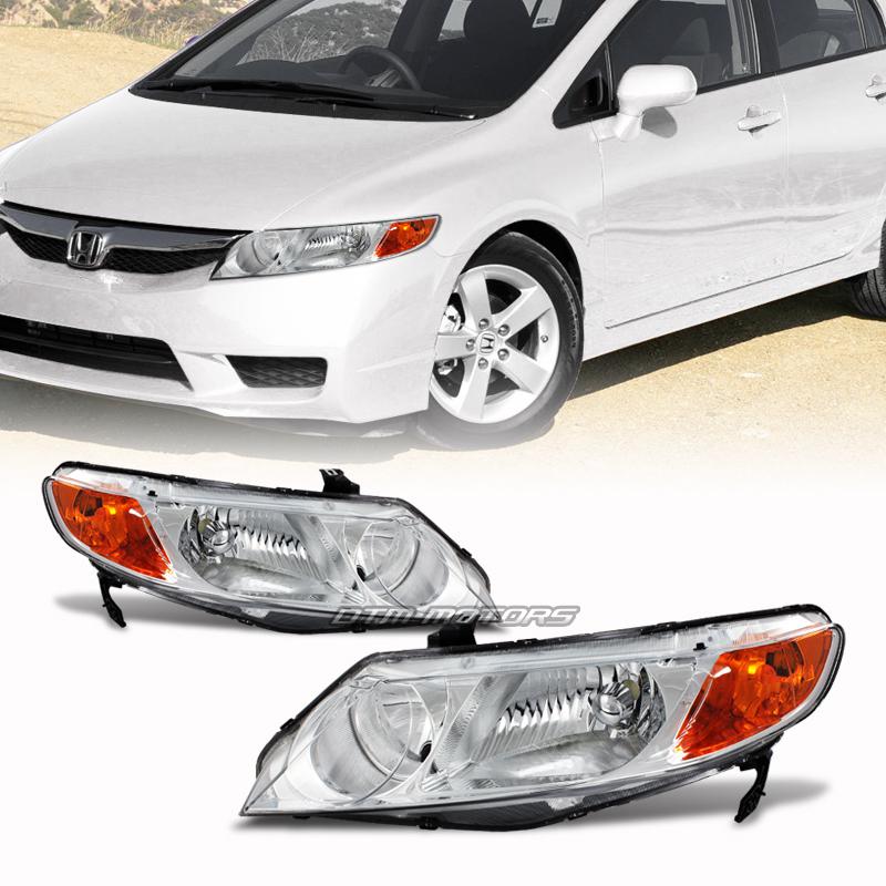 06-09 honda civic 4-door jdm chrome housing headlight lamps with amber reflector