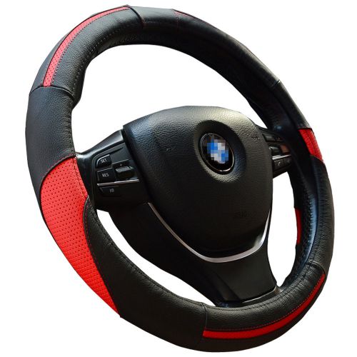 Black synthetic leather steering wheel cover 38cm with red stripe for auto grip