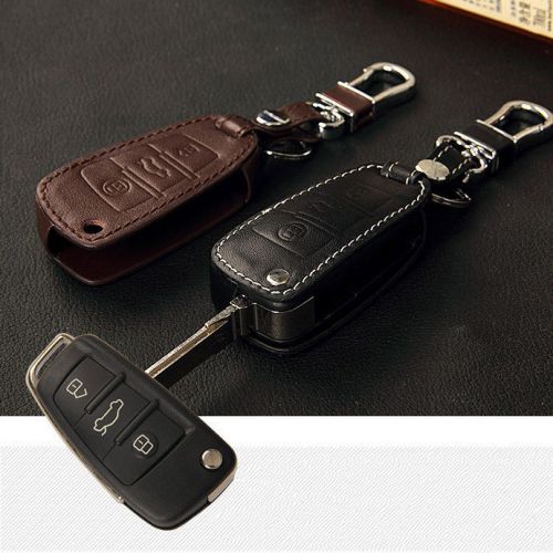 Genuine leather 3 button remote key bag case fob holder chain for audi a style