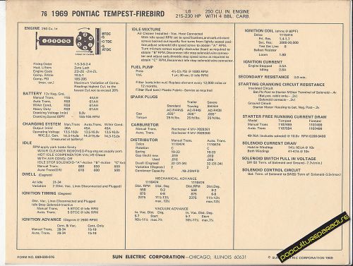 1969 pontiac tempest/firebird l6 250 ci 215-230 hp car sun electronic spec sheet