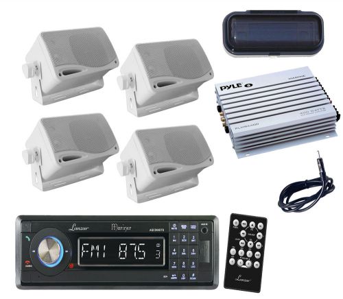 Lanzar boat bluetooth am/fm aux radio+ 4 white box speakers, antenna, cover, amp