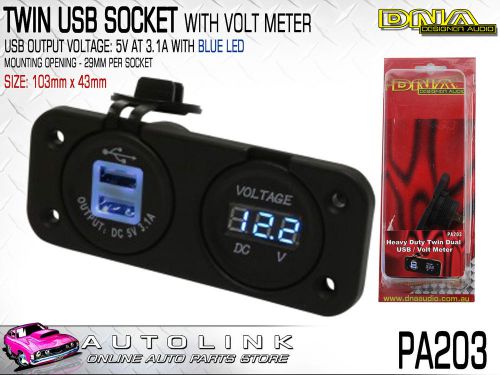 Dna heavy duty dual usb sockets + volt meter, blue led (size: 103mm x 43mm)