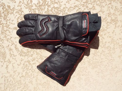 Black leather motorcycle gloves, slip streamer, red trim, m