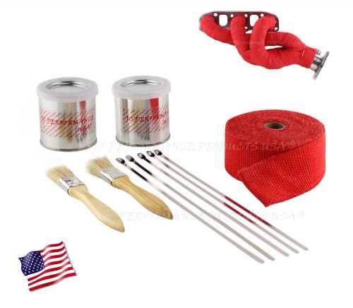 Red header wrap kit exhaust pipe fiberglass high heat kit &amp; sealant 2&#034; x 25&#039; usa