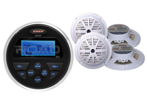 Jensen 160w marine aux usb receiver, 4 white 5.25&#034; marine dual cone speaker set