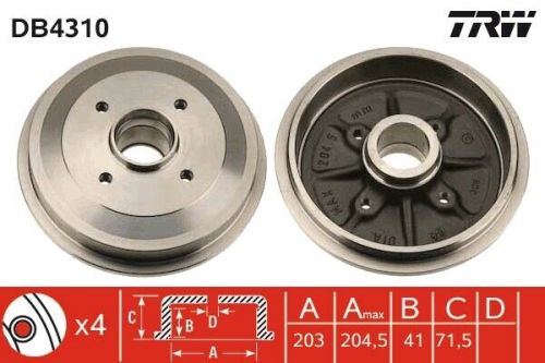 Brake drum fits citroen c3 mk1 1.6 rear 02 to 10 203mmmm trw 424746 quality new