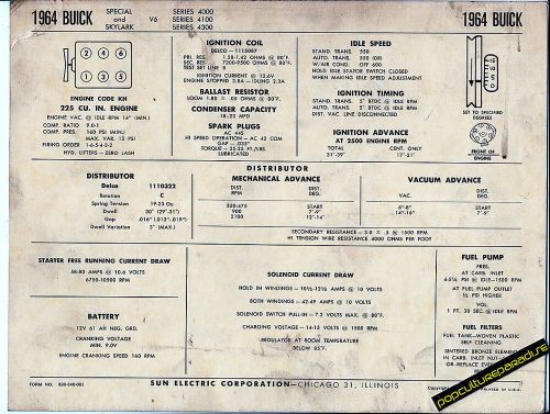 1964 buick special and skylark v6 225 ci engine car sun electronic spec sheet