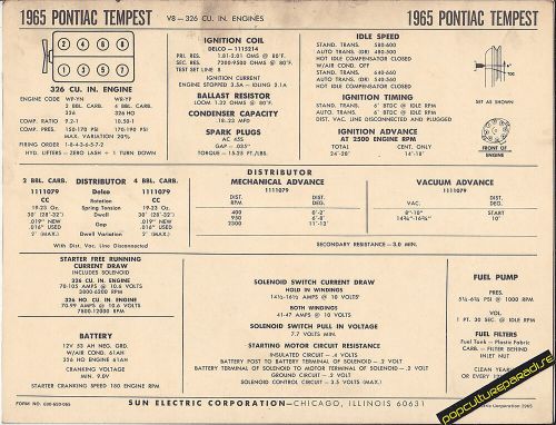 1965 pontiac tempest v8 326 ci engine car sun electronic spec sheet