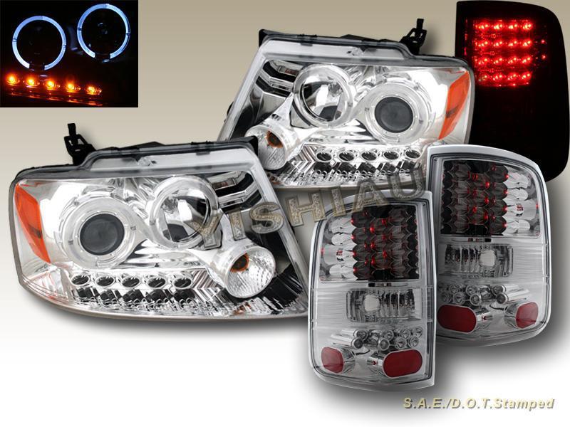 04-08 ford f150 headlights chrome halo led projector + clear tail lights led 