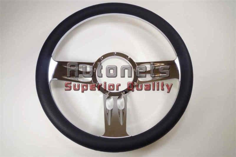 Black leather chevy gm buick pontiac chrome aluminum steering wheel 3 slot style