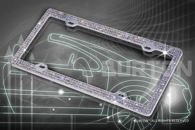 Bling 3 rows grey-a type cap real crystal embedded chrome license plate frame