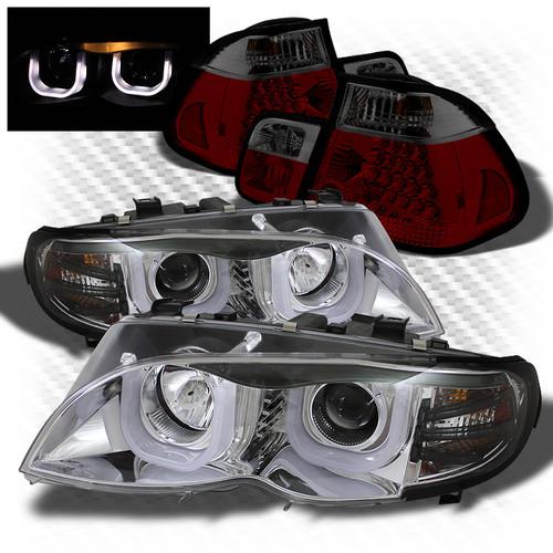 02-05 e46 3-series 4dr 3d-halo projector headlights + red smoked led tail lights