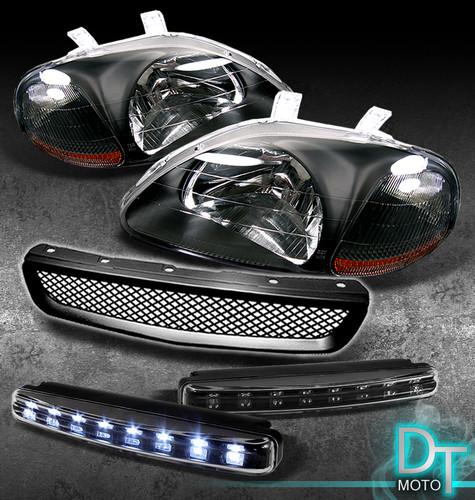 Led bumper fog lamps + 96-98 civic black headlights + front hood mesh grille