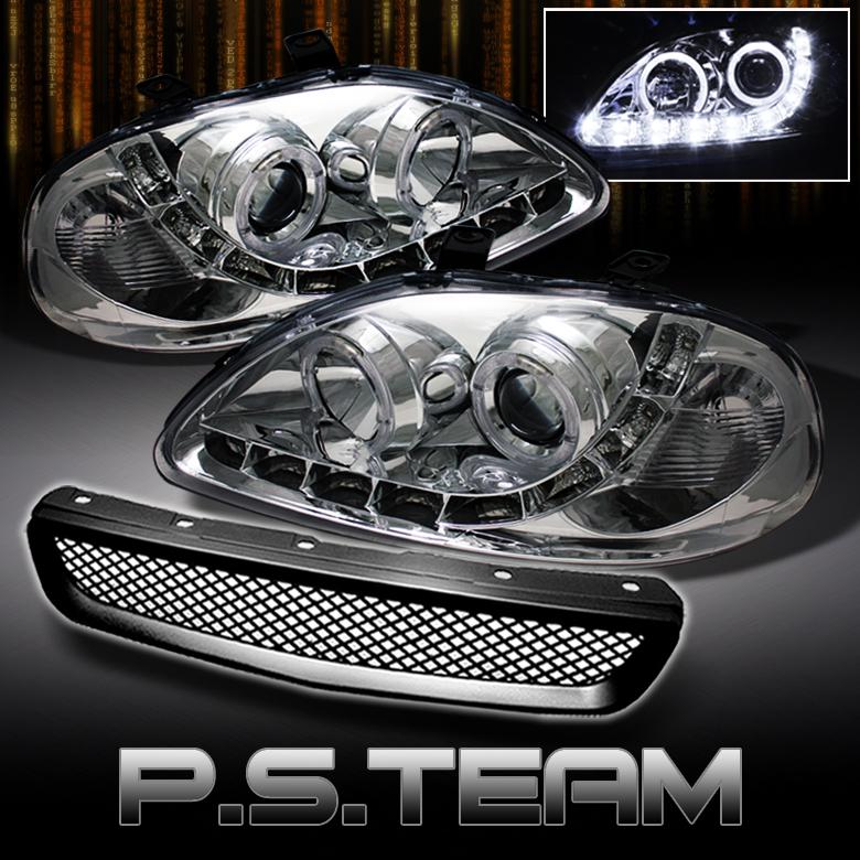 96-98 civic halo projector drl led headlights +jdm sport front grille grill