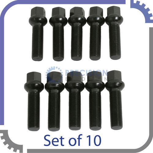 10pc extended 14x1.5 black lug bolts | 45mm shank length | ball seat r13 audi vw