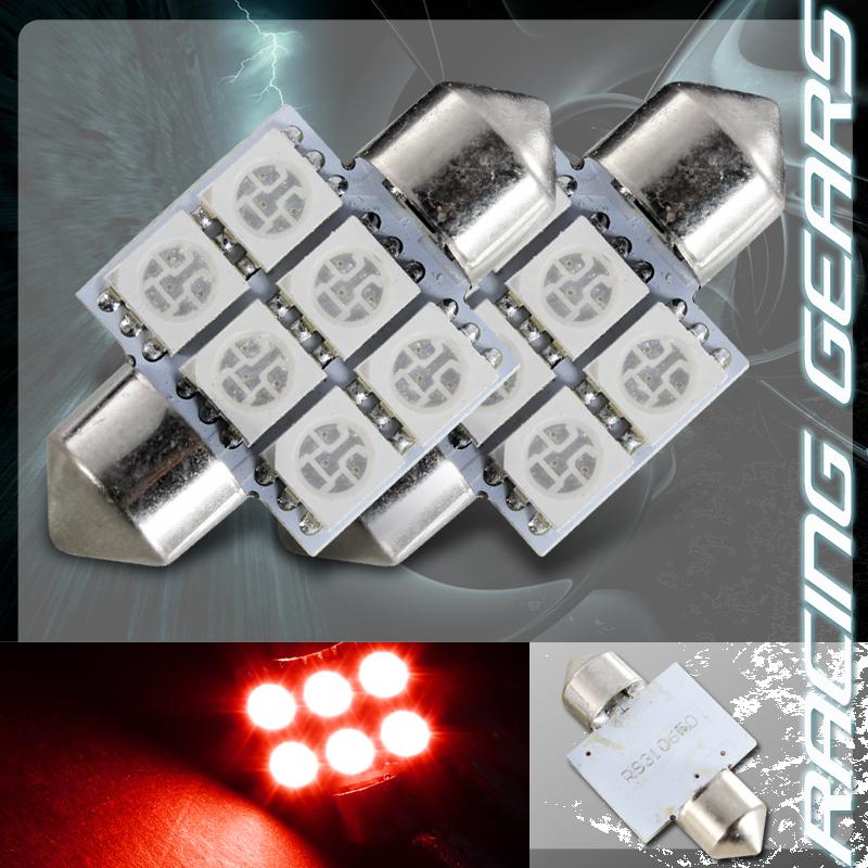 2x 31mm 1.25" red 6 smd led festoon replacement dome interior light lamp bulb