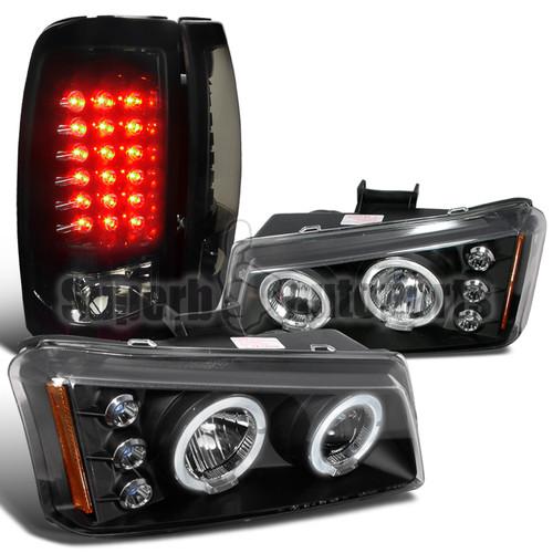 2003-2006 chevy silverado blk halo projector headlight+glossy blk led tail lamp