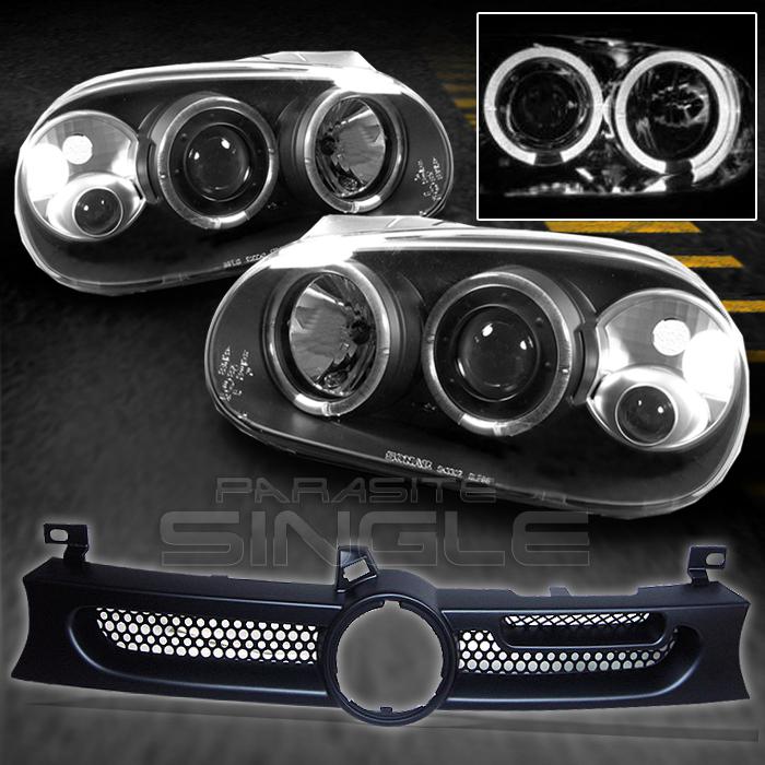 99-05 vw golf black halo projector headlights+jdm black front sport mesh grille