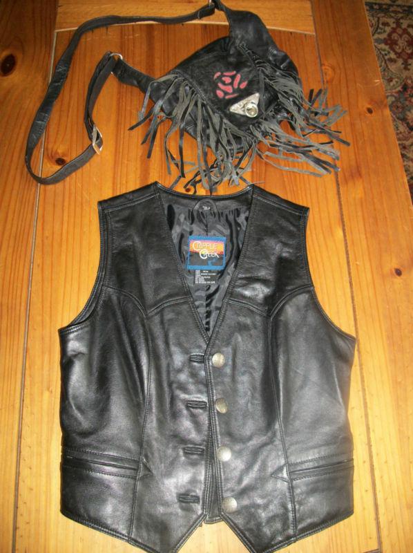 Motorcycle biker leather fringed western bag purse with leather vest size xs