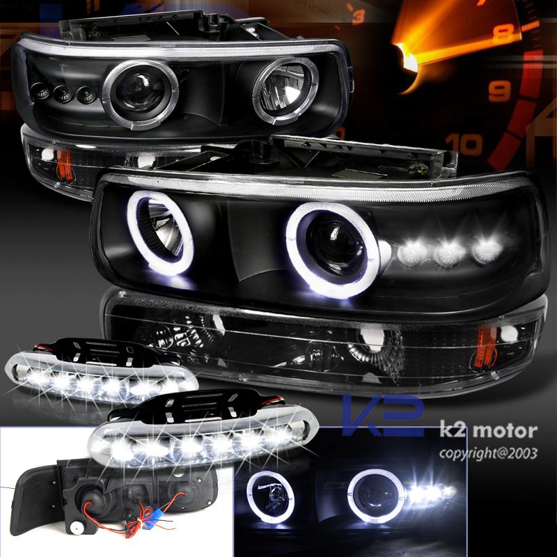 99-02 silverado black halo projector headlight+bumper lamp+led fog light drl