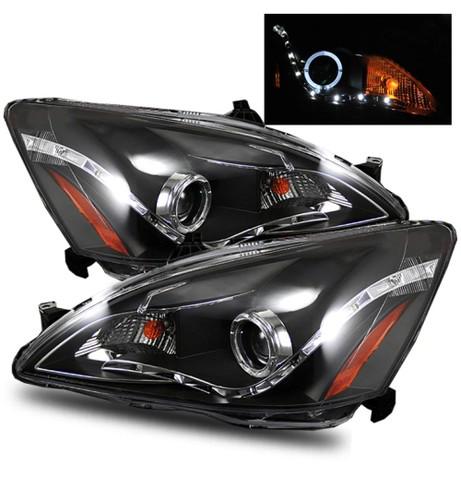 03-07 honda accord drl led strip/led angel eye halo black projector headlights