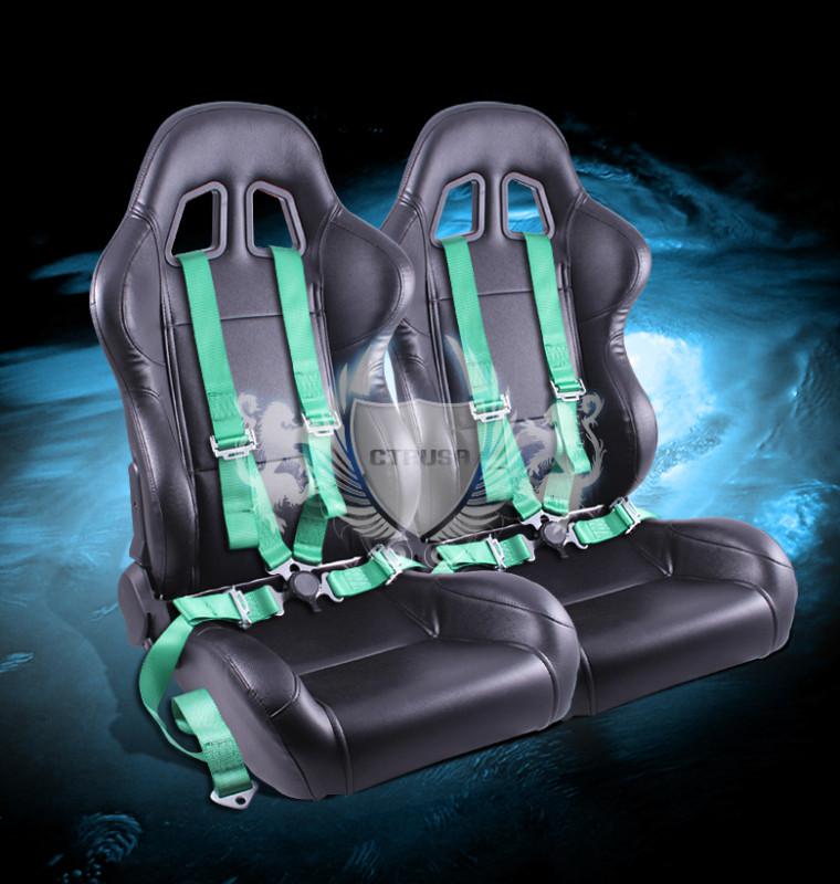 2x jdm reclinable black turino sport racing bucket seat+4-pt green camlock belt