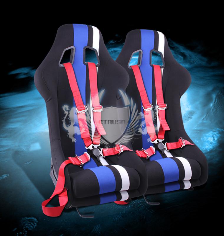 2x universal black/blue white stripe fabric racing seats+4pt camlock harness new