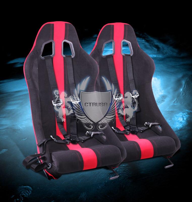 2x black/red stripe fabric sport racing bucket seat +4-pt blk belt camlock strap