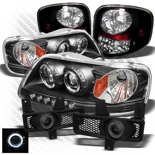 97-98 f150 flareside blk 1pc headlights + led tail lights + projector fog lights