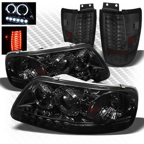 97-02 expedition smoked 1pc pro headlights + philips-led perform tail lights set