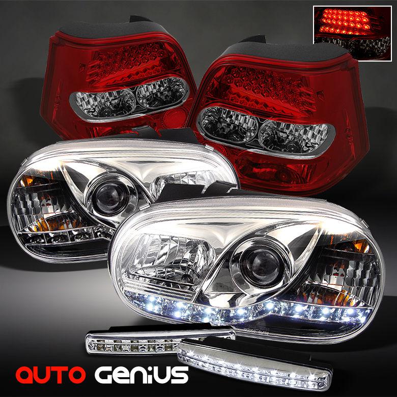 99-06 golf drl projector headlights + red smoke led tail lights + daytime led