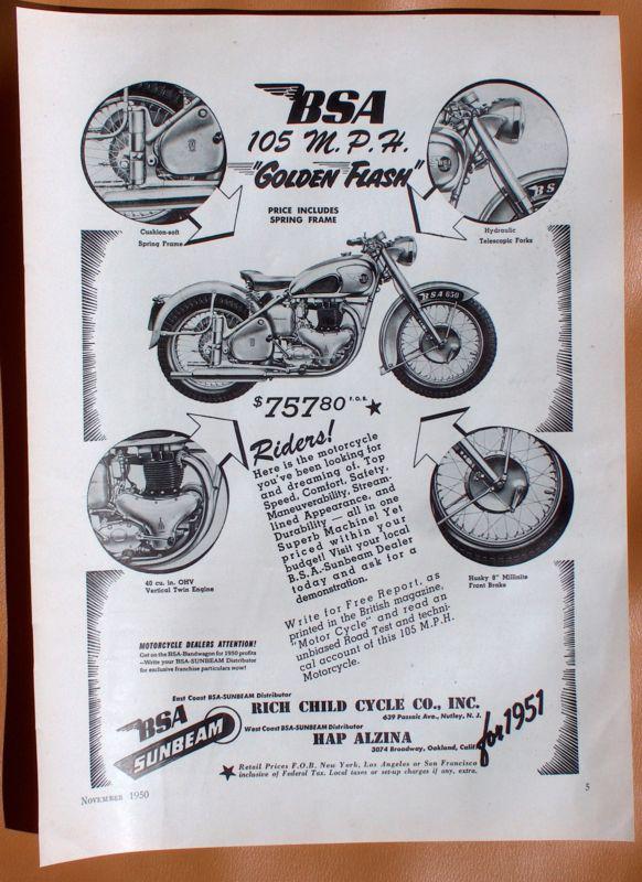 Lg045   1950 bsa golden flash single page ad /backside goodyear mc tires