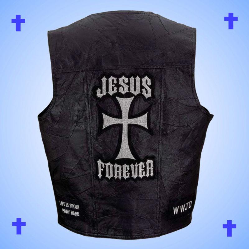 -christian theme--leather motorcycle biker vest---jesus forever--men's size 2x