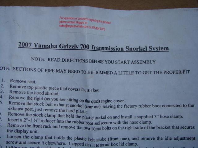 2007 yamaha grizzly 700 snorkle system