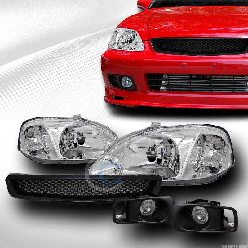 Chrome head lights dy+grill grille abs+fog lamps clear 99-00 honda civic ek ek9