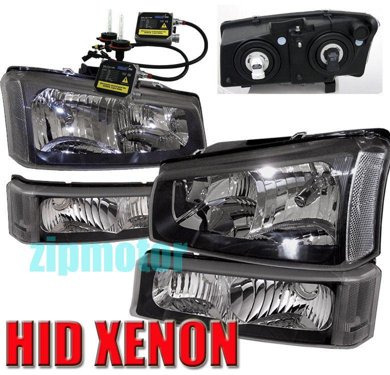 03 04 05 06 chevy silverado headlights set blk +hid kit