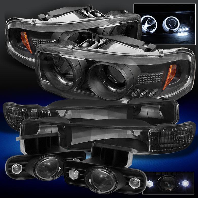 Black 99-06 yukon sierra halo headlights +bumper signal+projector fog lights