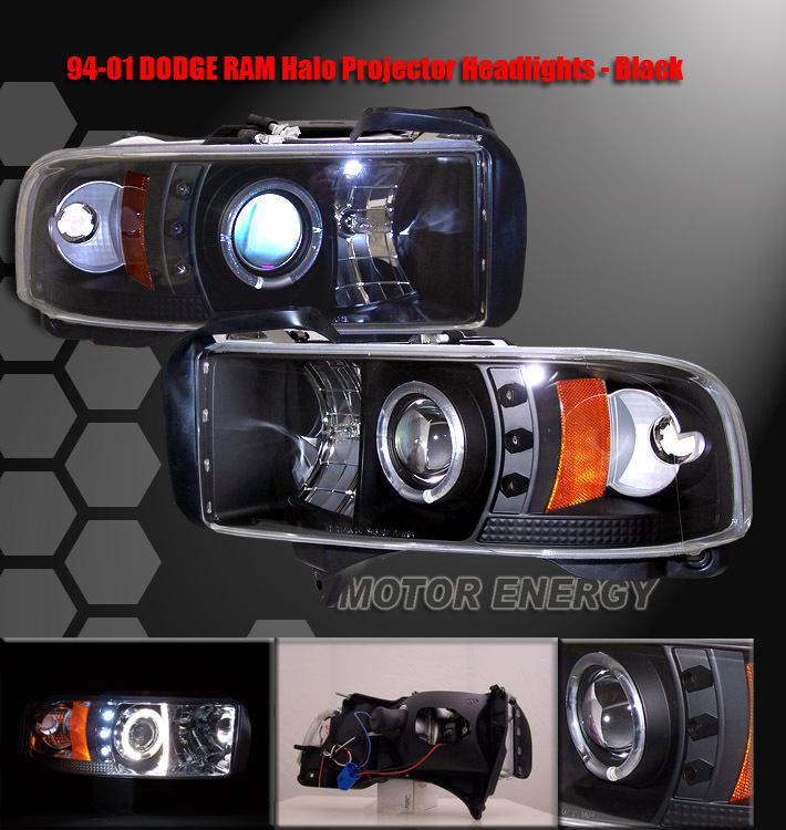 1994-2001 dodge ram halo led projector headlight lamp black 1500 2500 3500 truck